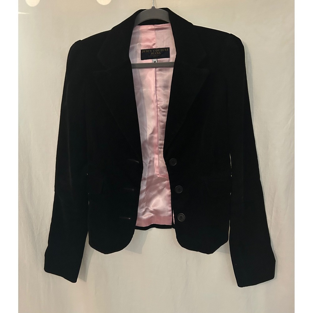 Juicy Couture Jeans Black Corduroy Blazer Pink Satin Lining Y2K Size M